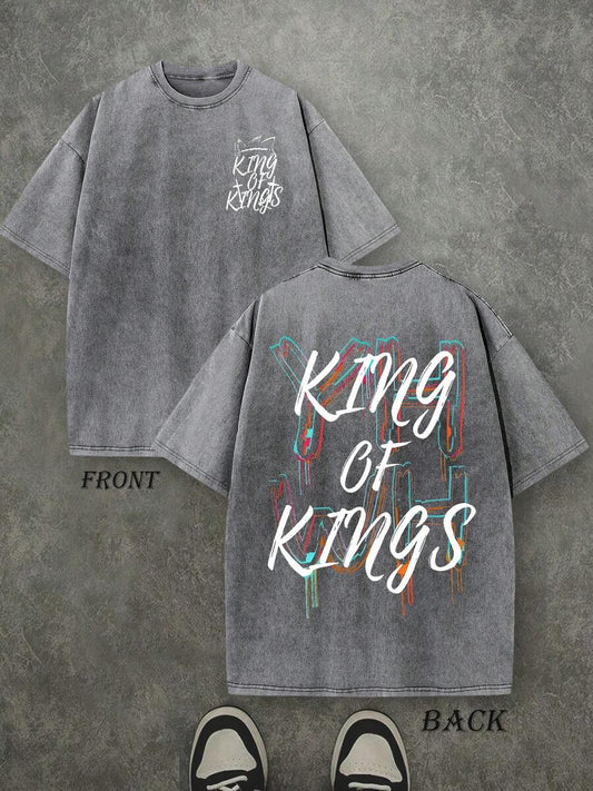 YHWH King Of Kings Retro Washed T-Shirt | Double-Sided Letter & Crown Pattern Print 230 GSM Heavyweight Cotton Men's Street Tee