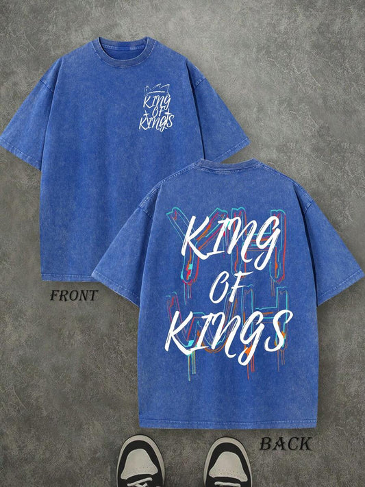 YHWH King Of Kings Retro Washed T-Shirt | Double-Sided Letter & Crown Pattern Print 230 GSM Heavyweight Cotton Men's Street Tee