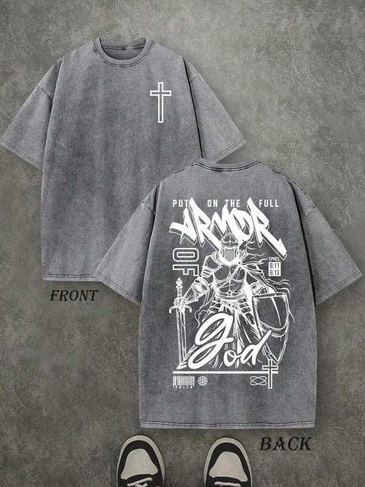 God Retro Washed T-Shirt | Double-Sided Letter & Pattern Print 230 GSM Heavyweight Cotton Men's Street Tee