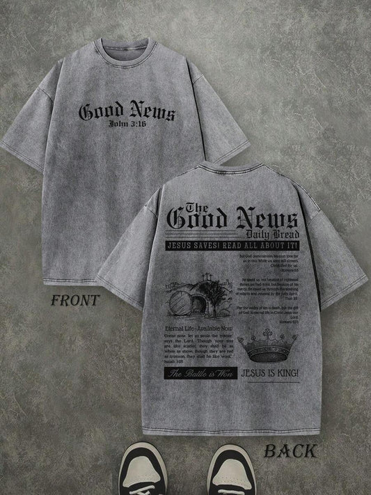 The Good News Jesus Is King Retro Washed T-Shirt | Double-Sided Letter & Crown Print 230 GSM Heavyweight Cotton Men's Street Tee
