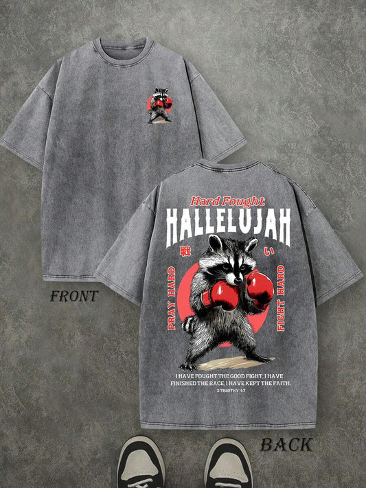 Hard Fought Hallelujah Retro Washed T-Shirt | Double-Sided Letter & Boxing Pattern Print 230 GSM Heavyweight Cotton Men's Street Tee