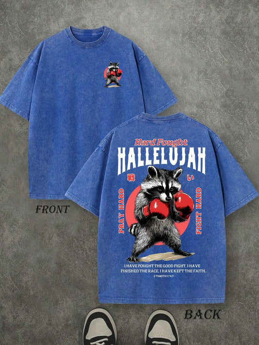 Hard Fought Hallelujah Retro Washed T-Shirt | Double-Sided Letter & Boxing Pattern Print 230 GSM Heavyweight Cotton Men's Street Tee