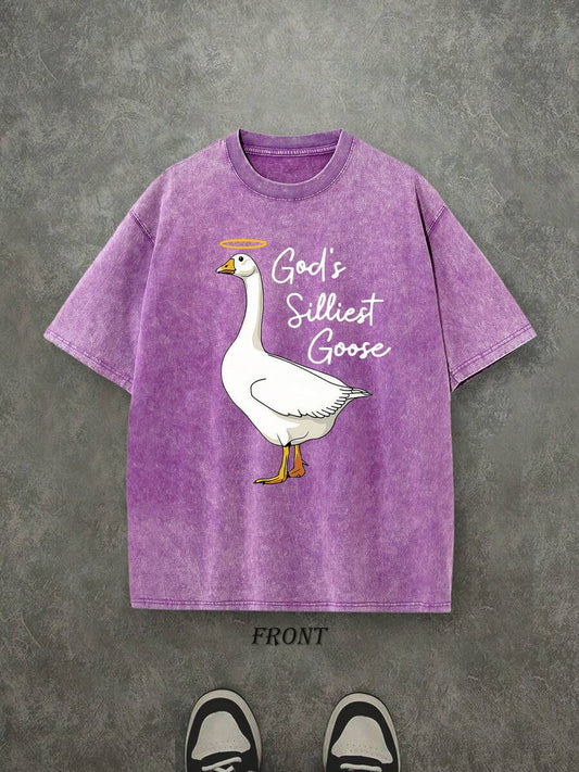 God's Silliest Goose Christian Washed T-Shirt | Vintage Retro Single-Sided 230 GSM Heavyweight Cotton Unisex Tee