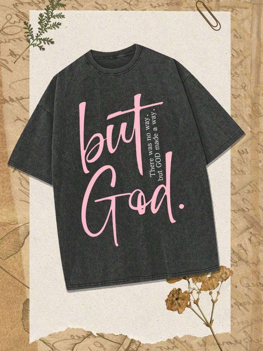 But God Oversized Letter Pattern Print Washed T-Shirt | 230G Classic Retro Fashion Faith Casual Versatile Four Seasons Unisex Cotton Tee