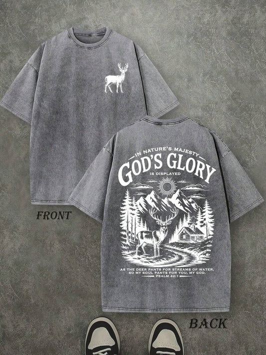 God's Glory Psalm 42:1 As The Deer Pants For Streams Of Water Christian Washed T-Shirt | Vintage Retro Double-Sided 230 GSM Heavyweight Cotton Unisex Tee