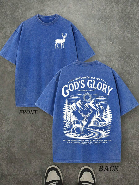 God's Glory Psalm 42:1 As The Deer Pants For Streams Of Water Christian Washed T-Shirt | Vintage Retro Double-Sided 230 GSM Heavyweight Cotton Unisex Tee