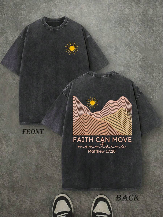Faith Can Move Mountains Christian Washed T-Shirt | Vintage Retro Double-Sided 230 GSM Heavyweight Cotton Unisex Tee