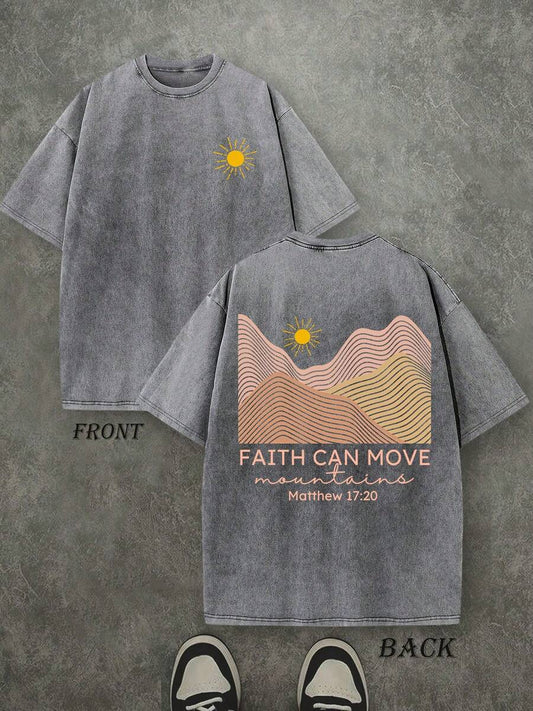 Faith Can Move Mountains Christian Washed T-Shirt | Vintage Retro Double-Sided 230 GSM Heavyweight Cotton Unisex Tee