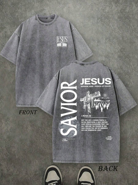 Jesus Savior King Christian Washed T-Shirt | Vintage Retro Double-Sided 230 GSM Heavyweight Cotton Unisex Tee