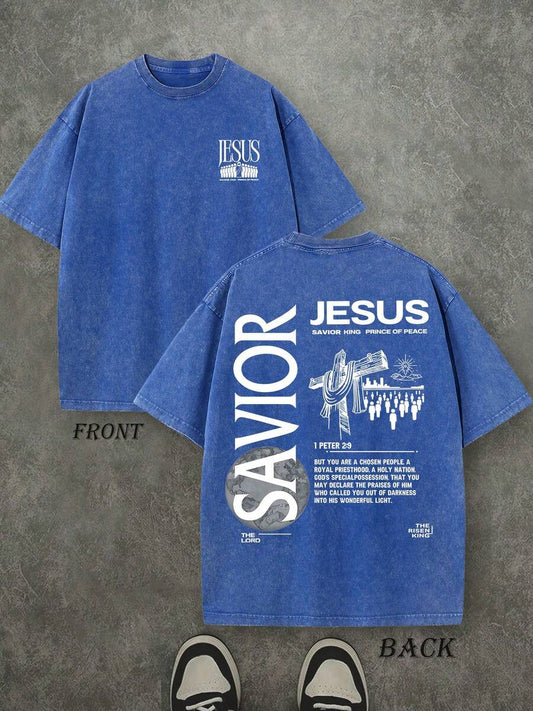 Jesus Savior King Christian Washed T-Shirt | Vintage Retro Double-Sided 230 GSM Heavyweight Cotton Unisex Tee
