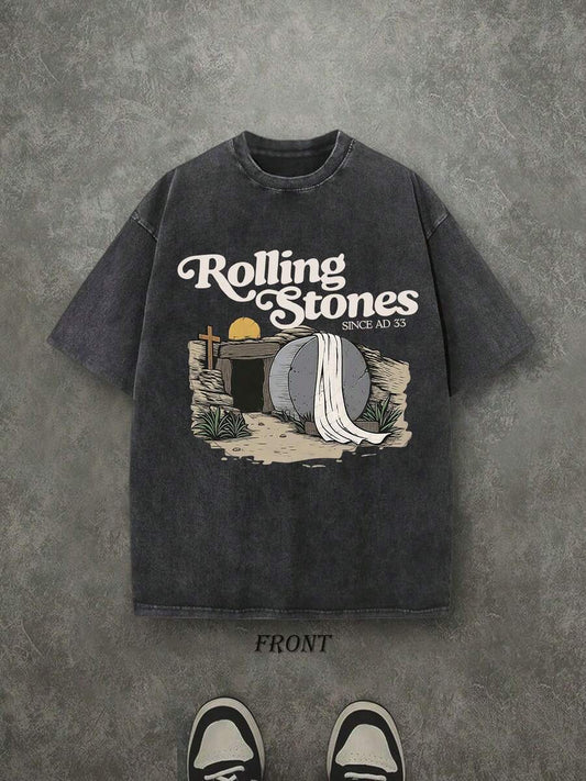 The Stone Was Rolled Away Christian Washed T-Shirt | Vintage Retro Single-Sided 230 GSM Heavyweight Cotton Unisex Tee