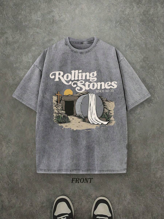 The Stone Was Rolled Away Christian Washed T-Shirt | Vintage Retro Single-Sided 230 GSM Heavyweight Cotton Unisex Tee