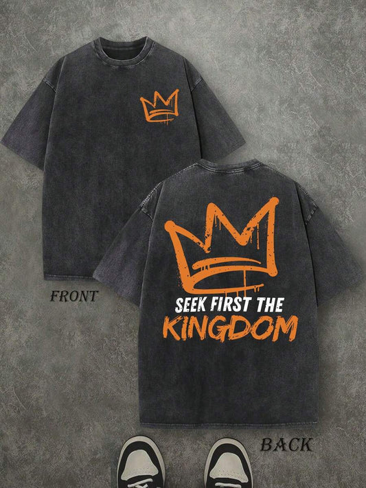 Seek First The Kingdom Christian Washed T-Shirt | Vintage Retro Double-Sided 230 GSM Heavyweight Cotton Unisex Tee