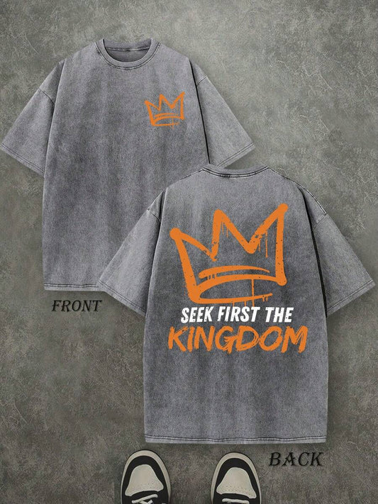 Seek First The Kingdom Christian Washed T-Shirt | Vintage Retro Double-Sided 230 GSM Heavyweight Cotton Unisex Tee