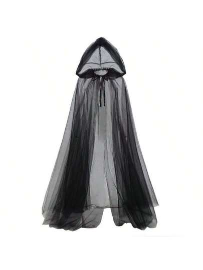 Burgundy Long Witch Costume & Elegant Bridal Cape – Halloween Hooded Mesh Cloak