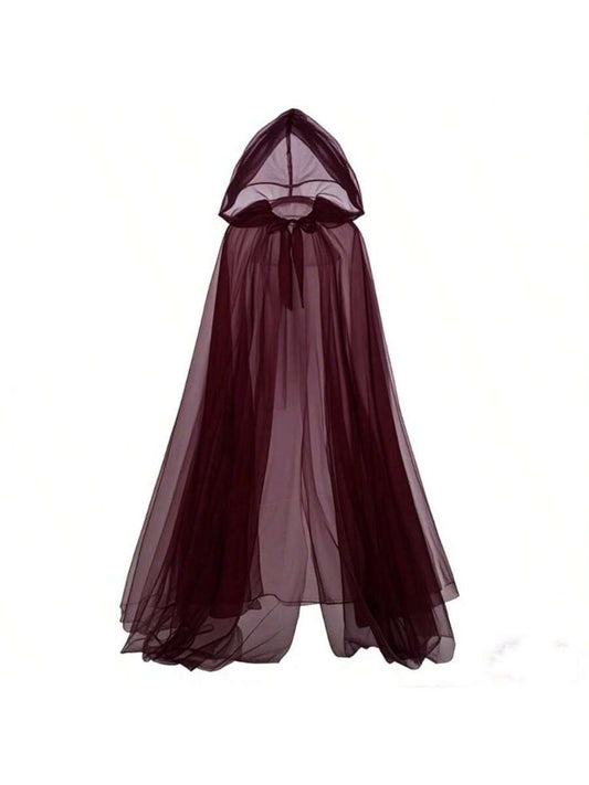 Burgundy Long Witch Costume & Elegant Bridal Cape – Halloween Hooded Mesh Cloak
