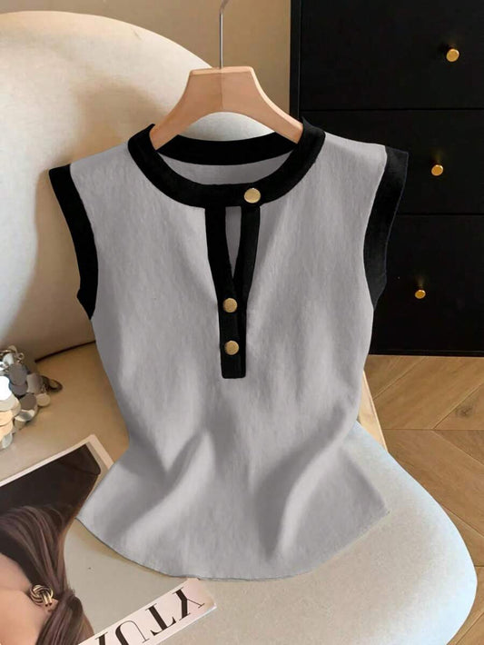 Firerie Summer Casual Contrast Color Trim Hollow Out Wide Shoulder T-Shirt