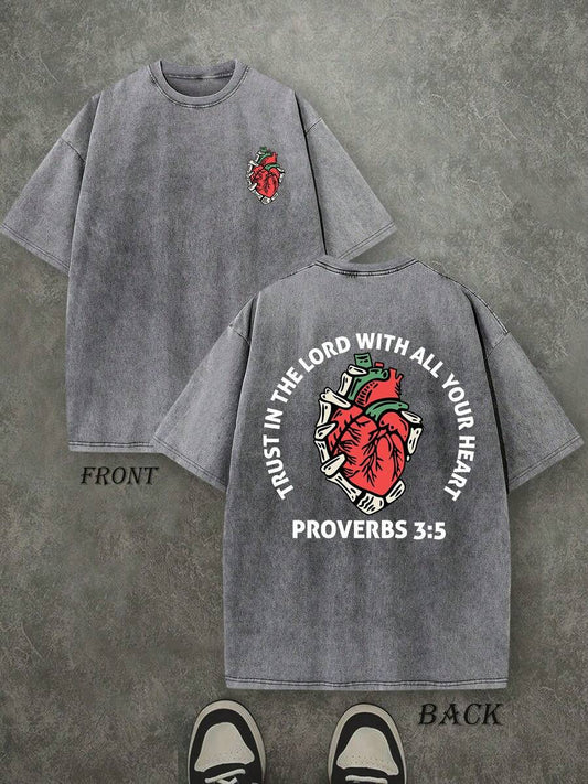Trust In The Lord With All Your Heart Christian Washed T-Shirt | Vintage Retro Double-Sided 230 GSM Heavyweight Cotton Unisex Tee