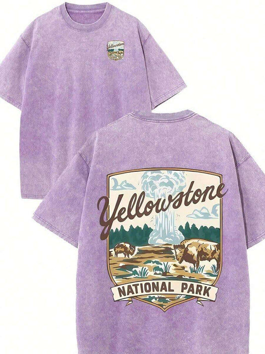 National Park Landscape & Text Graphic Double-Sided Washed T-Shirt | 230G Premium Cotton Round Neck Short Sleeve Comfortable Breathable Casual Summer Tee