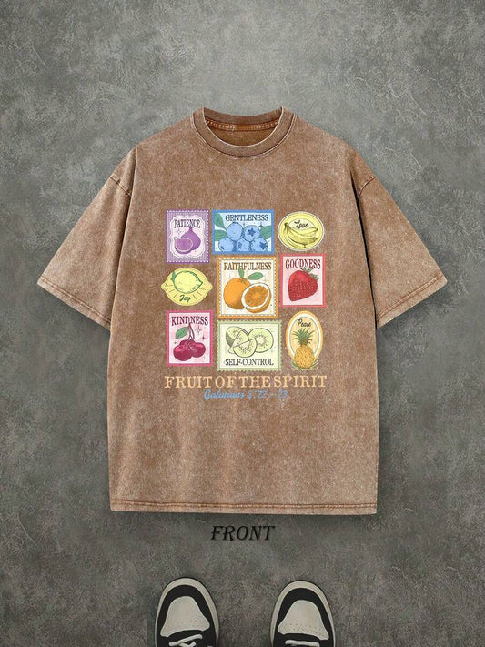 Fruit Of The Spirit Christian Washed T-Shirt | Vintage Retro Single-Sided 230 GSM Heavyweight Cotton Unisex Tee
