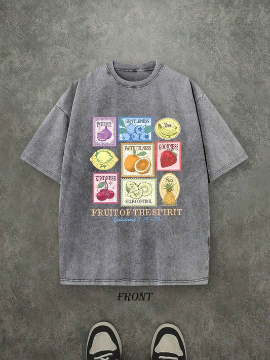 Fruit Of The Spirit Christian Washed T-Shirt | Vintage Retro Single-Sided 230 GSM Heavyweight Cotton Unisex Tee