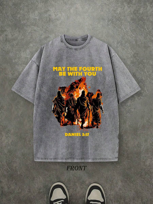 May The Fourth Be With You Christian Washed T-Shirt | Vintage Retro Single-Sided 230 GSM Heavyweight Cotton Unisex Tee