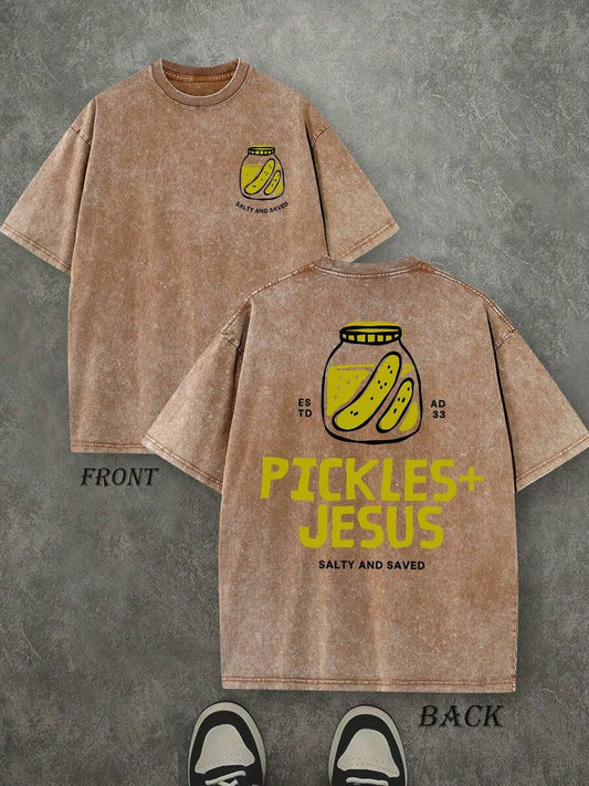 Pickles And Jesus Christian Washed T-Shirt | Vintage Retro Double-Sided 230 GSM Heavyweight Cotton Unisex Tee