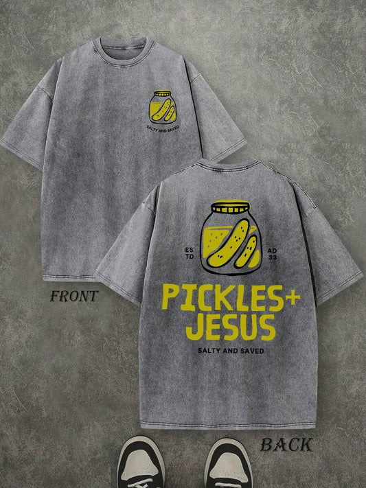 Pickles And Jesus Christian Washed T-Shirt | Vintage Retro Double-Sided 230 GSM Heavyweight Cotton Unisex Tee