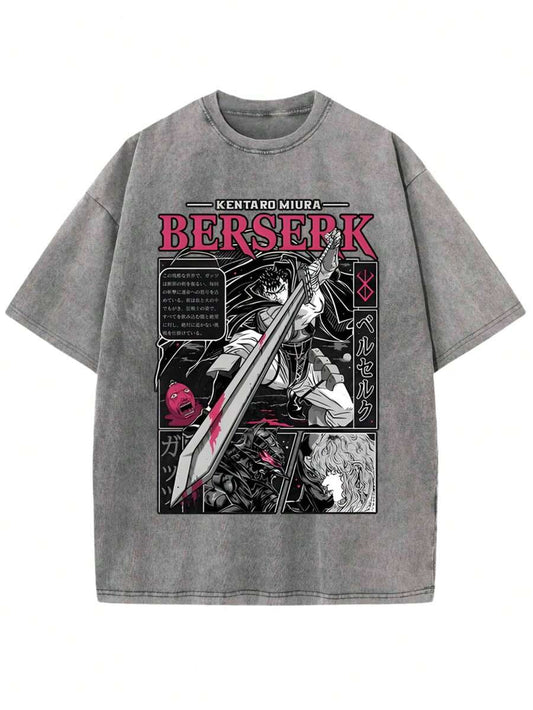 Hot Blooded Japanese Anime Barbarian Warrior Washed T-Shirt | Boutique Retro Street Style Letter Pattern Men's Casual All-Season Vintage Top