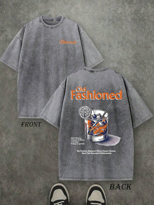 Old Fashioned Retro Washed T-Shirt | Double-Sided Letter & Orange Pattern Print 230 GSM Heavyweight Cotton Men's Street Tee