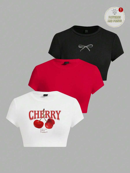 Bowknot Cherry Print Cropped T-Shirt Set | 3 Piece Women's Tight Fit Round Neck Short Sleeve Cute Summer Going Out Top