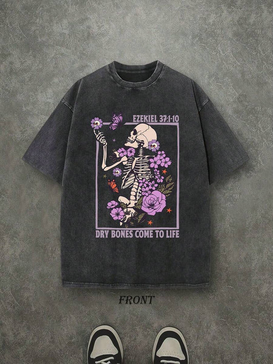 Dry Bones Come To Life Christian Washed T-Shirt | Vintage Retro Single-Sided 230 GSM Heavyweight Cotton Unisex Tee