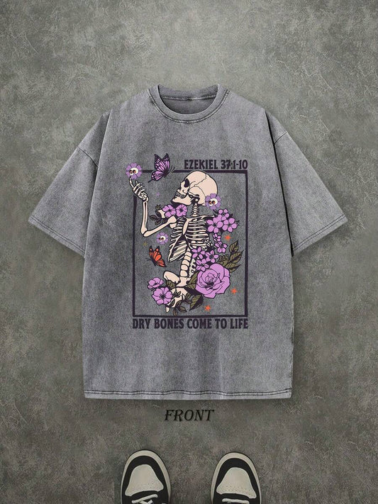 Dry Bones Come To Life Christian Washed T-Shirt | Vintage Retro Single-Sided 230 GSM Heavyweight Cotton Unisex Tee