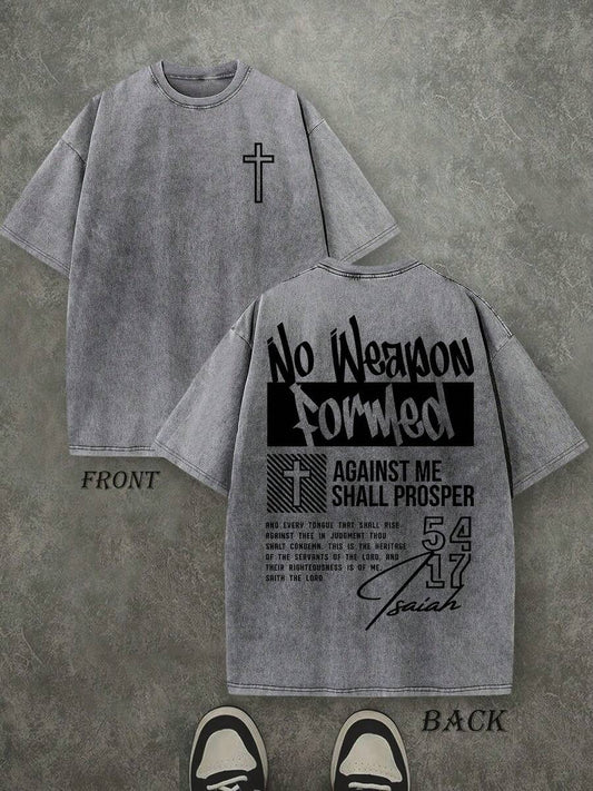 No Weapon Formed Against Me Shall Prosper Retro Washed T-Shirt | Double-Sided Letter & Cross Pattern Print 230 GSM Heavyweight Cotton Men's Street Tee