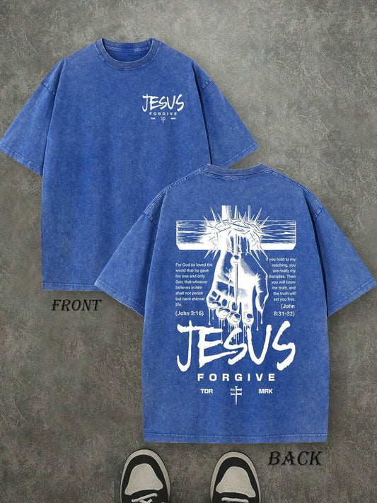 Jesus Forgive Retro Washed T-Shirt | Double-Sided Letter Print 230 GSM Heavyweight Cotton Men's Street Tee