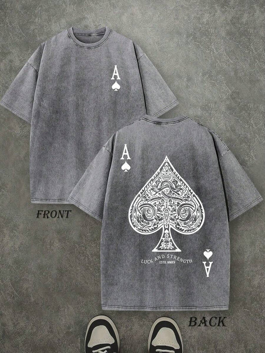 Luck And Strength Retro Washed T-Shirt | Double-Sided Letter & Ace Of Spades Print 230 GSM Heavyweight Cotton Men's Street Tee