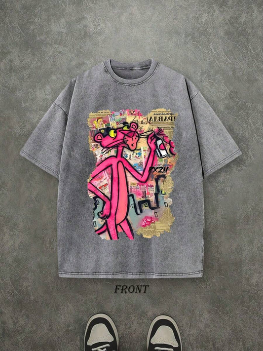 Panther Retro Washed T-Shirt | Single-Sided Newspaper & Graffiti Pattern Print 230 GSM Heavyweight Cotton Men's Street Tee