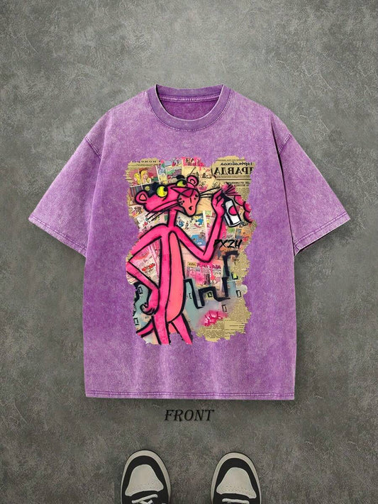 Panther Retro Washed T-Shirt | Single-Sided Newspaper & Graffiti Pattern Print 230 GSM Heavyweight Cotton Men's Street Tee