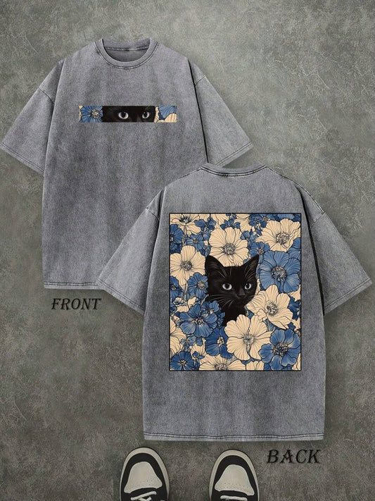 Cat In The Flowers Retro Washed T-Shirt | Double-Sided Cat & Floral Print 230 GSM Heavyweight Cotton Men's Street Tee