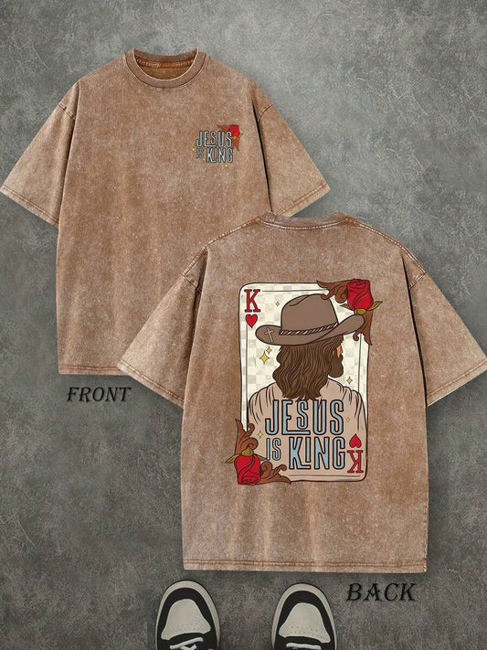 Jesus Is King Retro Washed T-Shirt | Double-Sided Letter & Portrait Print 230 GSM Heavyweight Cotton Men's Street Tee