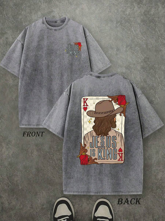 Jesus Is King Retro Washed T-Shirt | Double-Sided Letter & Portrait Print 230 GSM Heavyweight Cotton Men's Street Tee
