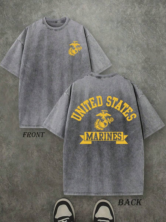 Marines Retro Washed T-Shirt | Double-Sided Letter & Eagle Pattern Print 230 GSM Heavyweight Cotton Men's Street Tee