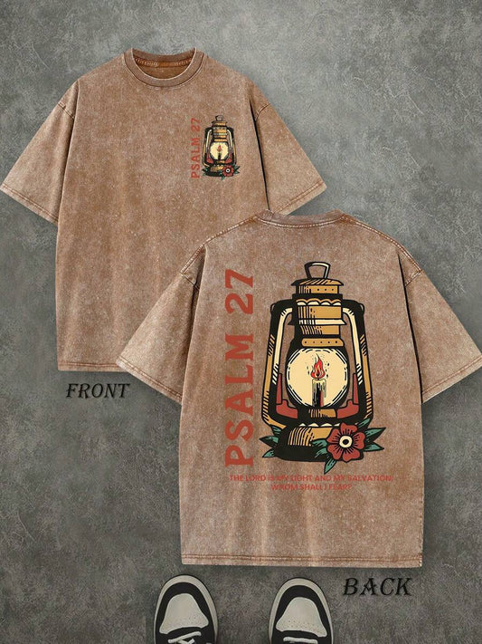 Psalm 27 The Lord Is My Light Retro Washed T-Shirt | Double-Sided Letter & Light Pattern Print 230 GSM Heavyweight Cotton Men's Street Tee
