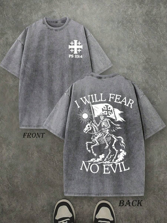 I Will Fear No Evil Retro Washed T-Shirt | Double-Sided Letter & Pattern Print 230 GSM Heavyweight Cotton Men's Street Tee