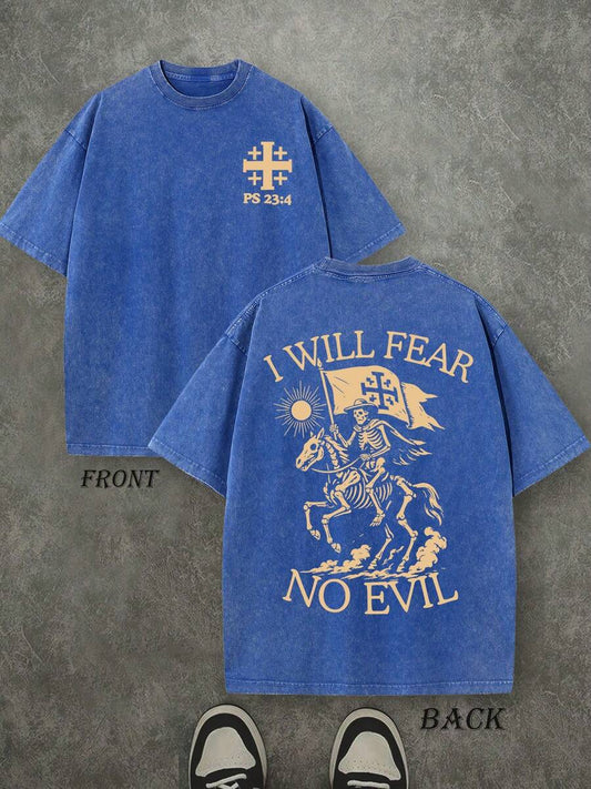 I Will Fear No Evil Retro Washed T-Shirt | Double-Sided Letter & Pattern Print 230 GSM Heavyweight Cotton Men's Street Tee