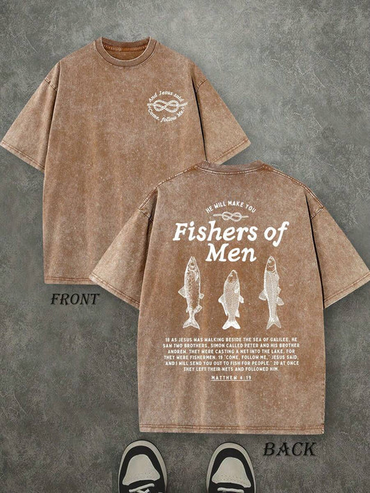 Fishers Of Men Retro Washed T-Shirt | Double-Sided Letter & Fish Pattern Print 230 GSM Heavyweight Cotton Men's Street Tee