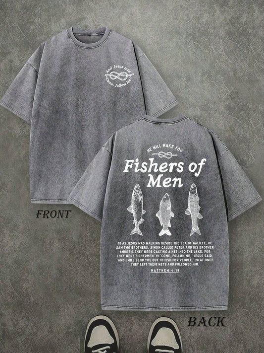 Fishers Of Men Retro Washed T-Shirt | Double-Sided Letter & Fish Pattern Print 230 GSM Heavyweight Cotton Men's Street Tee