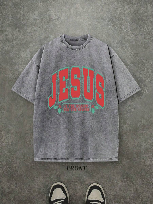 Jesus Is The Reason For The Season Christian Christmas Washed T-Shirt | Vintage Retro Single-Sided 230 GSM Heavyweight Cotton Unisex Tee
