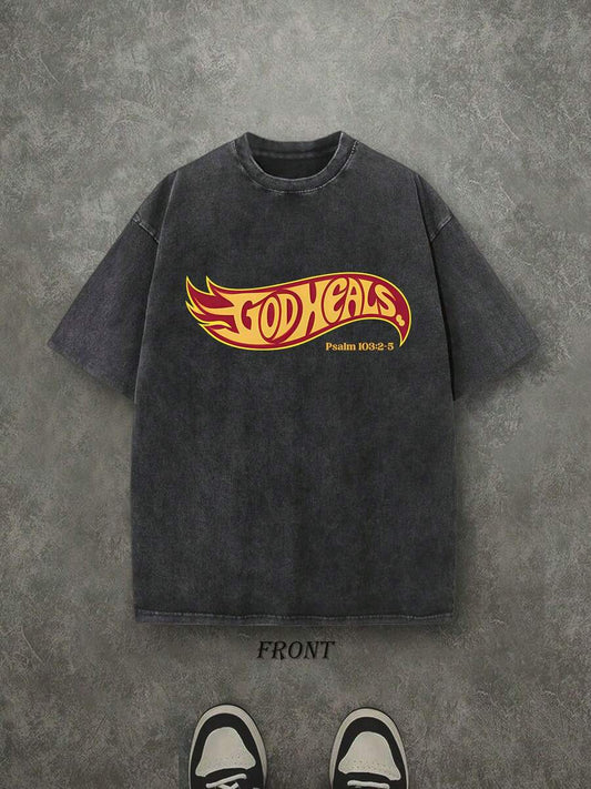God Heals Christian Washed T-Shirt | Vintage Retro Single-Sided 230 GSM Heavyweight Cotton Unisex Tee