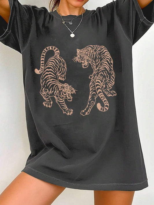 Vintage Tiger Print Women's T-Shirt | Loose Fit Crew Neck Short Sleeve Casual Graphic Tee Summer Top
